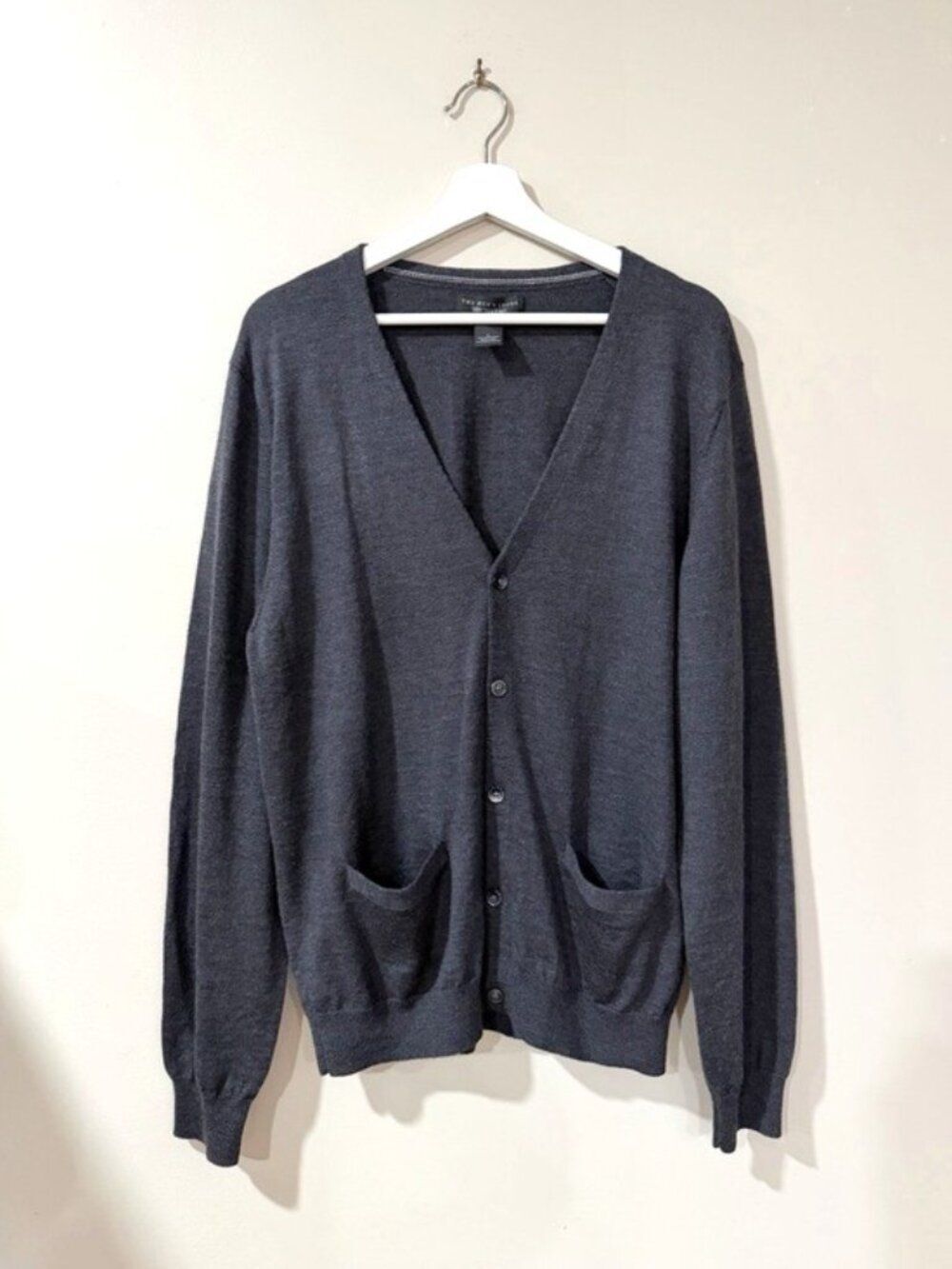 Bloomingdale's Cardigan Men L Gray 100% Merino Wool V Neck Old Money Preppy